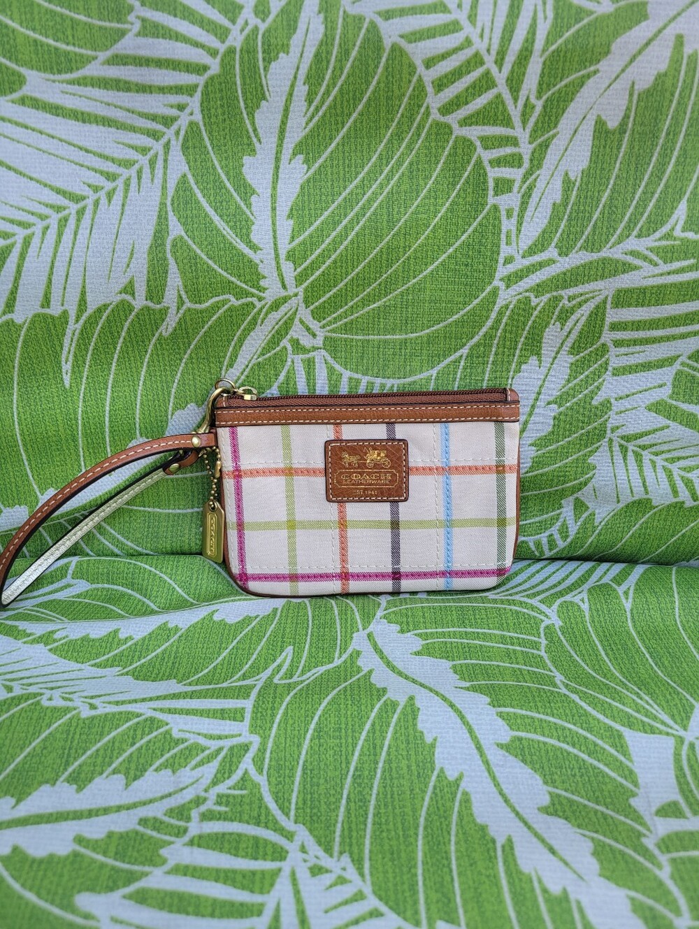 Vintage Coach Tattersall Multicolor Plaid Wristlet - Brown Trim